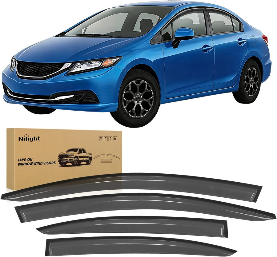 Nilight Window Visors for Honda Civic Sedan 2012 2013 2014 2015 | Tape-On Rain Guards Outside Mount Vent Visors Window Deflectors Fresh Air Ventilation Smoke Tint, 4PCS