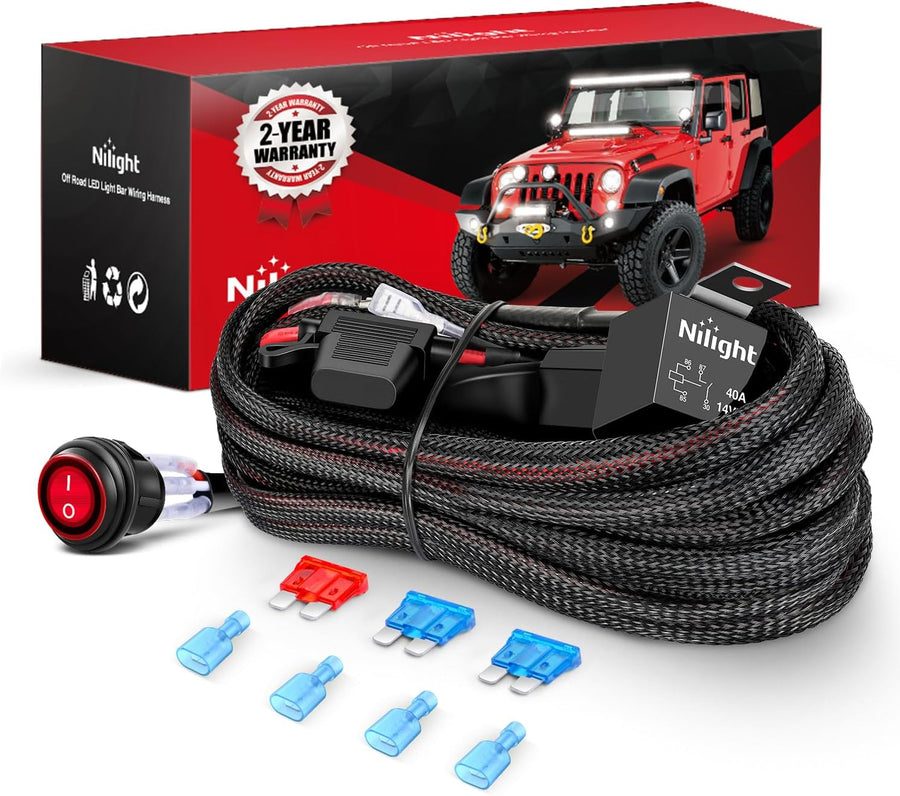 Nilight Wiring Harness Kit Nylon 16 AWG 2 Leads 12 V On Off Switch Power Relay Blade Fuse for LED Light Bar Off Road Lights on Cars Jeep Boat Trucks