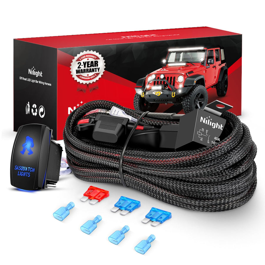 Nilight Wiring Harness Kit Nylon 16 AWG 2 Leads Sasquatch Lights 12V 5Pin Rocker Switch Laser On Off Power Relay Blade Fuse for LED Off Road Light Bar on Cars Jeep Boat Trucks