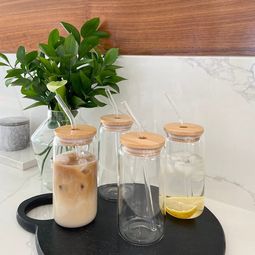Nordic Peace Modern Glass Cups With Bamboo Lids & Straws 4pcs Set