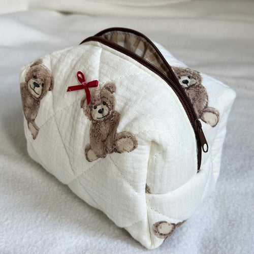 Nordic Peace Teddy Bear Bow Quilted Cosmetic Bag