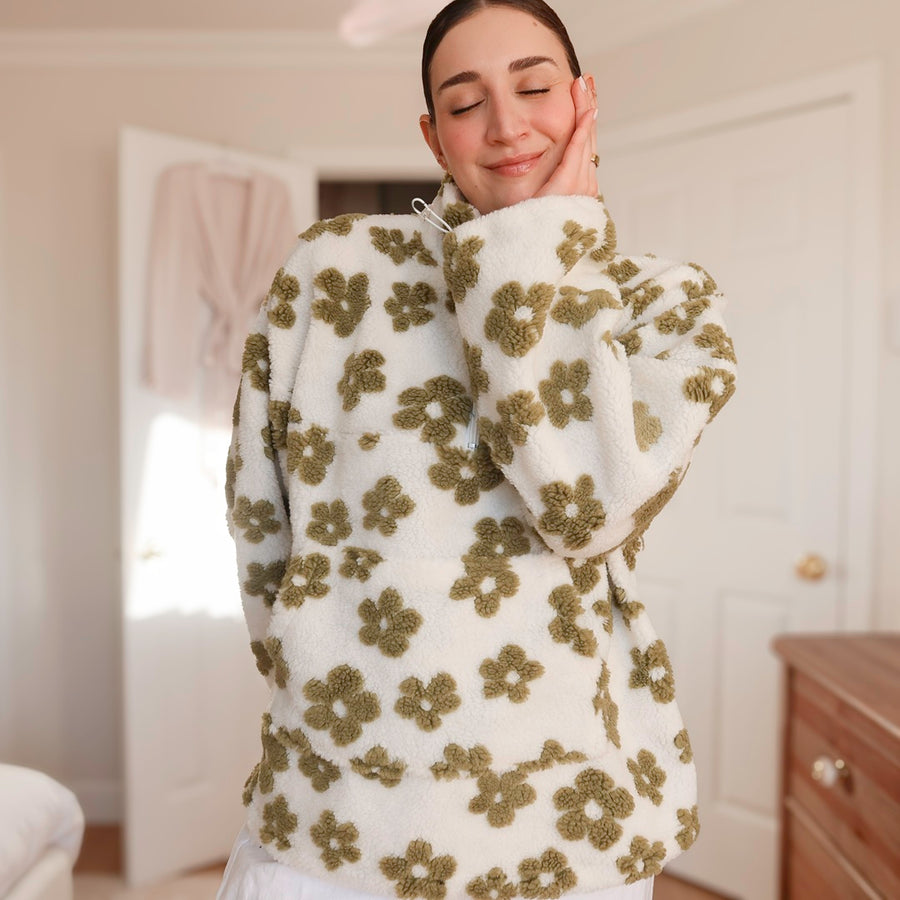 Nordic Peace Olive Floral Fleece Sweater