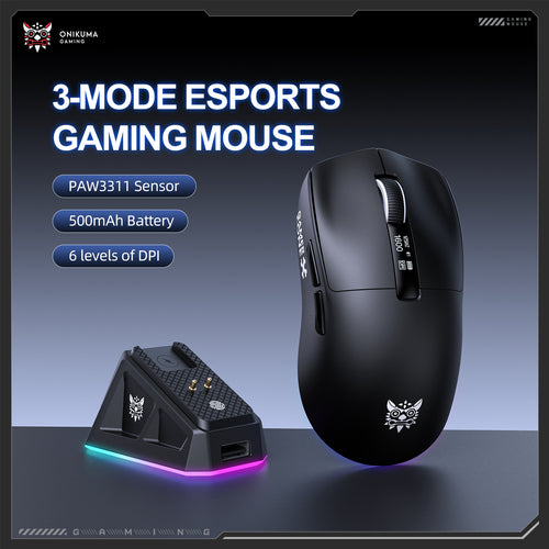 Onikuma Gaming ONIKUMA DM07 3-Mode Esports Gaming Mouse with PAW3311 Sensor, 24000 DPI, 1000Hz Polling Rate, and RGB Magnetic Charging Base