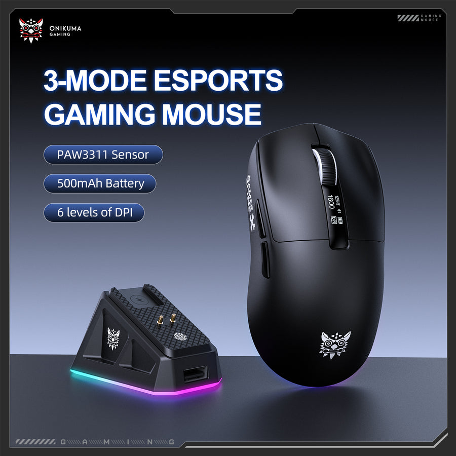Onikuma Gaming ONIKUMA DM07 3-Mode Esports Gaming Mouse with PAW3311 Sensor, 24000 DPI, 1000Hz Polling Rate, and RGB Magnetic Charging Base