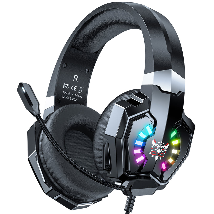 Onikuma Gaming ONIKUMA X32 Wearable Wired Gaming Headset with Flexible Mic LED Lights, Dynamic RGB Lighting Effect