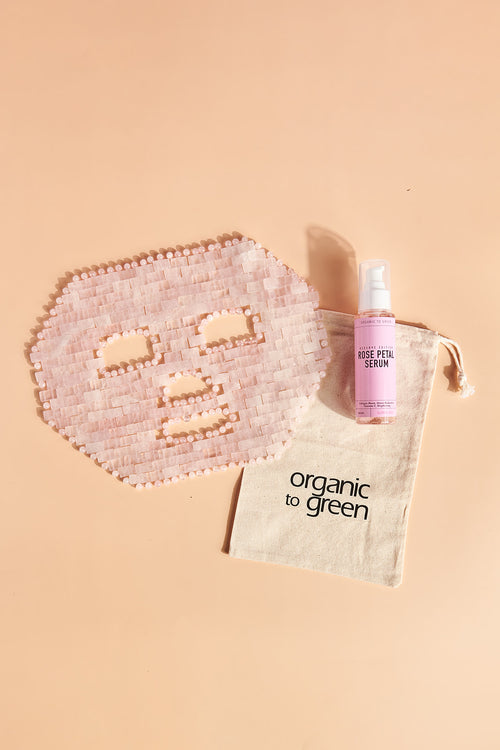 Organic to Green Rose Quartz Crystal Gem Facial Mask For Self-Care + Rose Petal Reserve Serum with Collagen Boost & Vitamin C Brightening