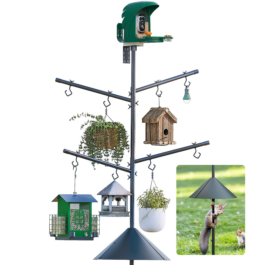 PerchMe Heavy-Duty Deluxe 92‘’ Bird Feeder Pole Station with Squirrel Baffle, 360° Rotating Crossbars & Hooks,Customizable Height