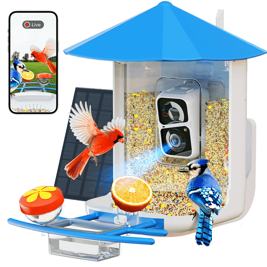 PerchMe Smart Bird Feeder with AI Camera & Solar Panel (Vermilion & Azure Canopy)