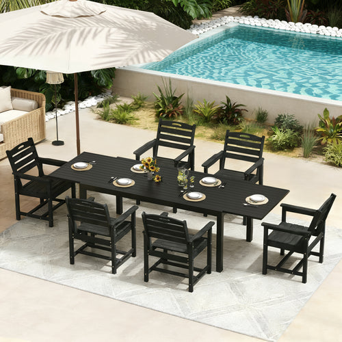 Pizzello Aluminum Rectangular Outdoor Dining Set, Extendable Patio Table and HDPE Patio Chairs