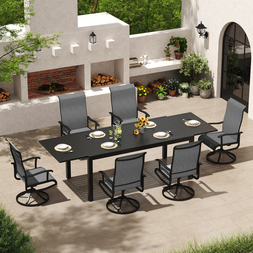 Pizzello Aluminum Rectangular Outdoor Dining Set, Extendable Patio Table and Swivel Patio Chairs