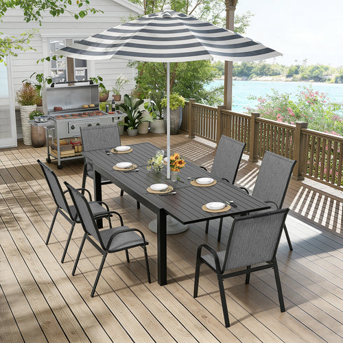 Pizzello Aluminum Rectangular Outdoor Dining Set, Extendable Patio Table and Textilene Patio Chairs