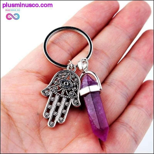 Plus Minus Co 1 PC Natural Quartz Evil Eye Fatima Pink Crystal Key Chain