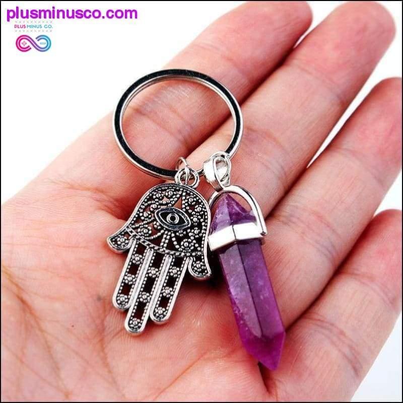 Plus Minus Co 1 PC Natural Quartz Evil Eye Fatima Pink Crystal Key Chain