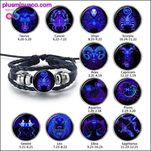 Plus Minus Co 12 Constellation Zodiac Sign Black Braided Leather Bracelet