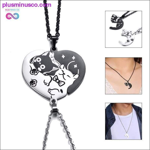 Plus Minus Co 2 Pcs/Set Cute Cat Dog Shape Heart Puzzle Couples Necklaces