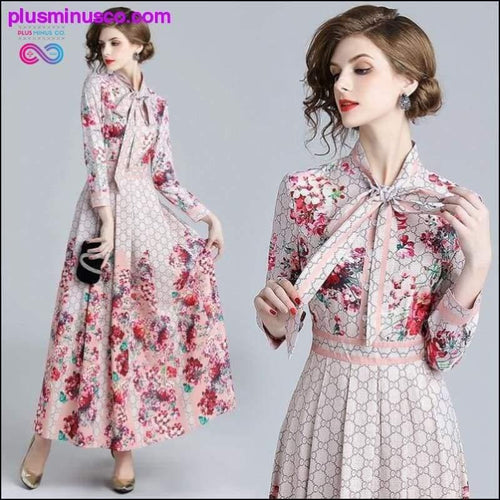 Plus Minus Co Floral Print Collar Ribbon Tie Neck Long Sleeve Party Dress
