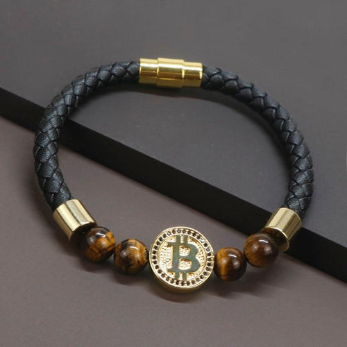 Plus Minus Co Bitcoin Bracelet Unisex Natural Tiger Eye Stone Leather Bracelets For Men and Women
