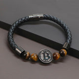 Plus Minus Co Bitcoin Bracelet Unisex Natural Tiger Eye Stone Leather Bracelets For Men and Women, view 3