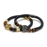 Plus Minus Co 8mm Natural Tiger Eye Stone Luxury Leather Bracelets For Men Gold Color Bitcoin Bracelet Men Pulseira Masculina BT-8, view 6