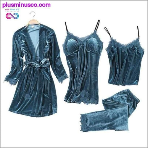Plus Minus Co 4 Pieces Warm Winter Pajamas Sets Women Sexy Lace Robe