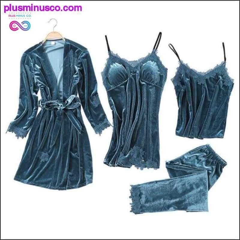 Plus Minus Co 4 Pieces Warm Winter Pajamas Sets Women Sexy Lace Robe