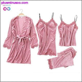 Plus Minus Co 4 Pieces Warm Winter Pajamas Sets Women Sexy Lace Robe, view 2