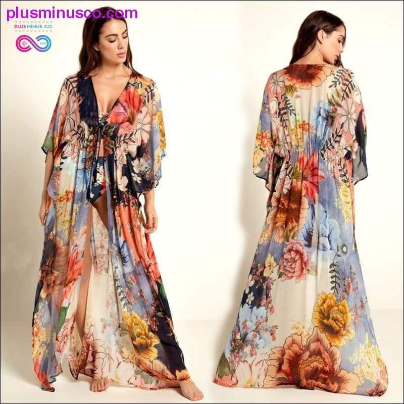 Plus Minus Co 2020 Multicolored Bohemian Floral Printed Long Kimono