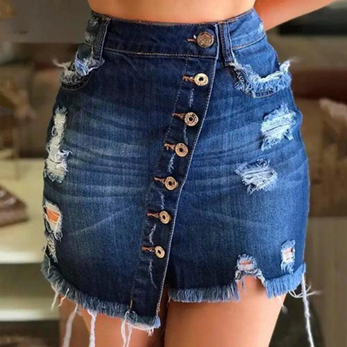Plus Minus Co 2021 New Women Short Denim Skirt High Waist Ripped Holes Denim Multi Breasted Irregular Tassel Denim Black Blue Skirt Streetwear