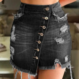 Plus Minus Co 2021 New Women Short Denim Skirt High Waist Ripped Holes Denim Multi Breasted Irregular Tassel Denim Black Blue Skirt Streetwear, view 3