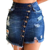 Plus Minus Co 2021 New Women Short Denim Skirt High Waist Ripped Holes Denim Multi Breasted Irregular Tassel Denim Black Blue Skirt Streetwear, view 4