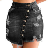 Plus Minus Co 2021 New Women Short Denim Skirt High Waist Ripped Holes Denim Multi Breasted Irregular Tassel Denim Black Blue Skirt Streetwear, view 5