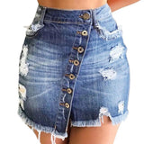 Plus Minus Co 2021 New Women Short Denim Skirt High Waist Ripped Holes Denim Multi Breasted Irregular Tassel Denim Black Blue Skirt Streetwear, view 6