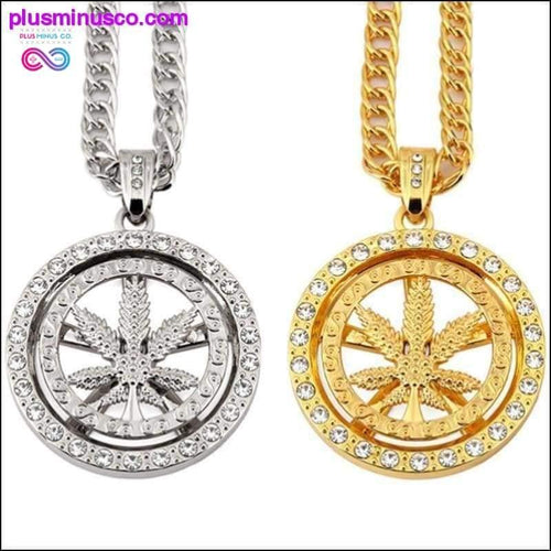 Plus Minus Co 24K Golden Iced Weed Leaf Rhinestone Pendant Chain Necklace