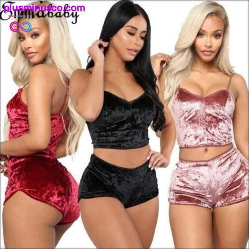 Plus Minus Co 2pcs Velvet Sleepwear Sexy Spaghetti Strap Velvet Shorts