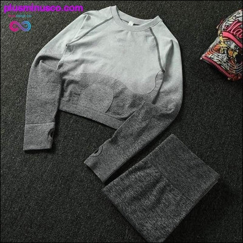 Plus Minus Co 2PCS Yoga Set Women Long Sleeve Crop Tops And High Waisted
