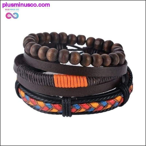 Plus Minus Co 4-6PC Vintage Multilayer Leather Bracelet For Men Fashion