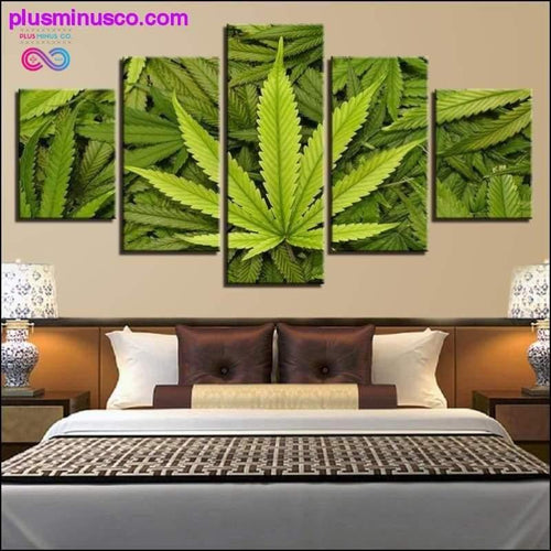 Plus Minus Co 5 Pieces Abstract Green Leaves Canvas Paintings HD Prints