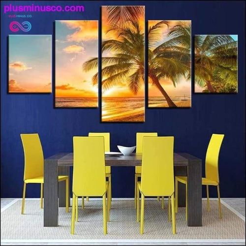 Plus Minus Co 5 Pieces Canvas Painting Palm Trees Seascape Sunset Beach