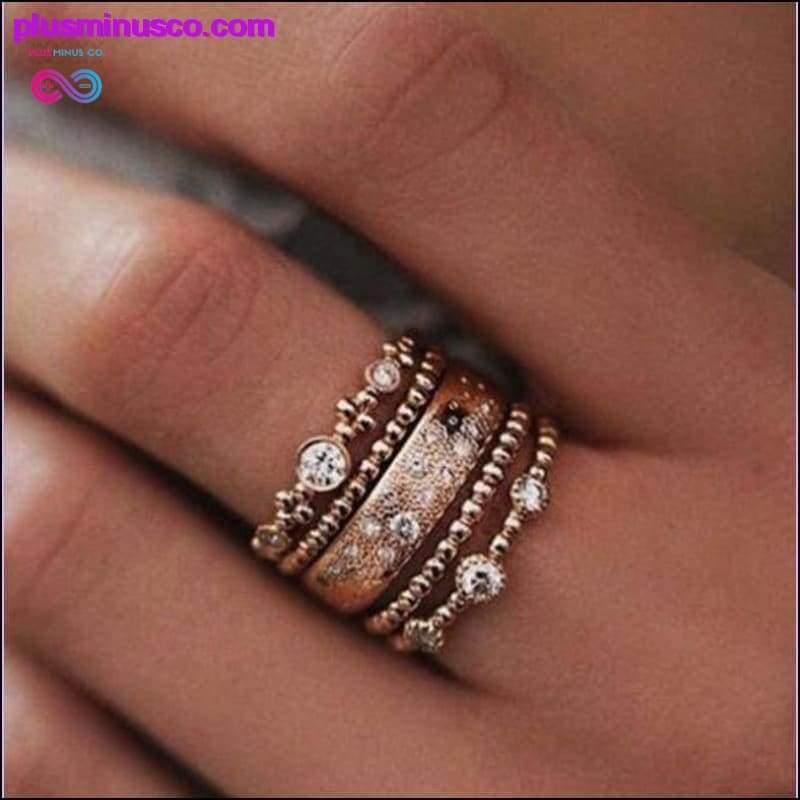 Plus Minus Co 5PCS/Set Rose Gold Rhinestone Crystal Elegant Rings