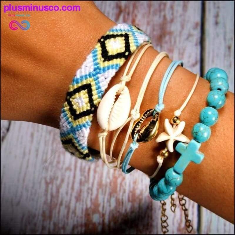 Plus Minus Co 6 Pieces Puka Shell Charm Bracelet Set Cross Beads ||
