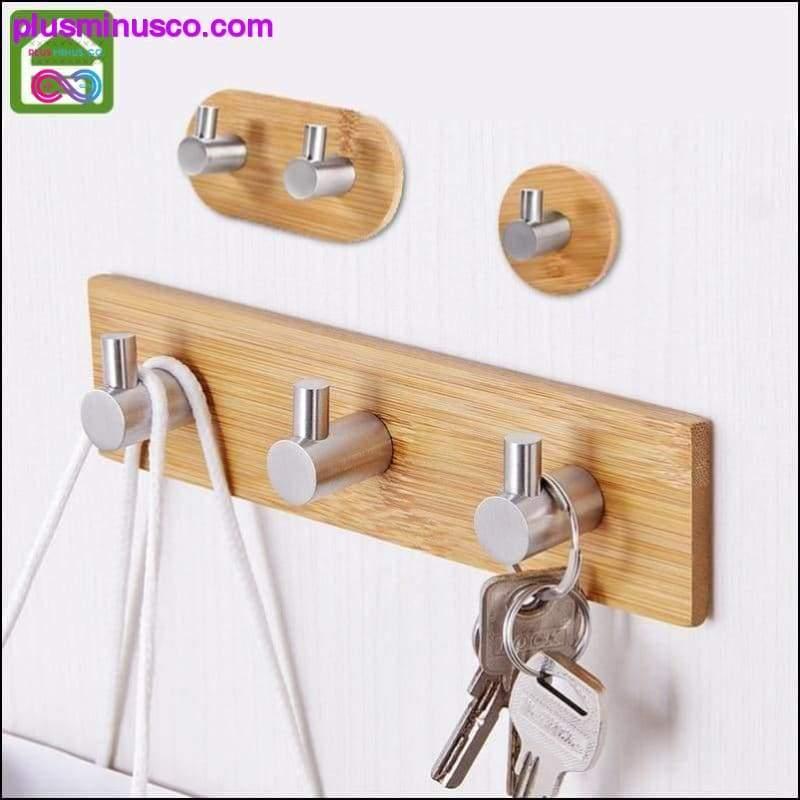 Plus Minus Co Adhesive Natural Bamboo Stainless Steel Hook Wall Clothes