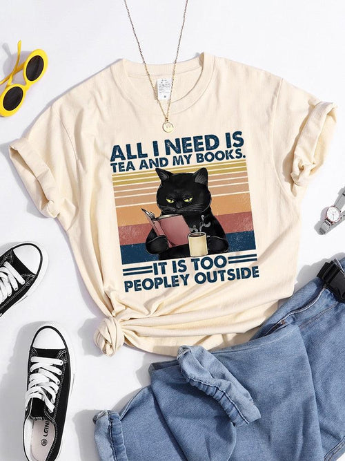 Plus Minus Co All I Need Is Tea And My Books It Is Too Peopley Outside Black Cat Female T-Shirt Chic Brand Tshirt Soft Tops O-Neck Daily Tees