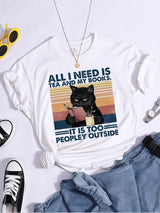 Plus Minus Co All I Need Is Tea And My Books It Is Too Peopley Outside Black Cat Female T-Shirt Chic Brand Tshirt Soft Tops O-Neck Daily Tees, view 2