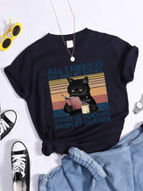 Plus Minus Co All I Need Is Tea And My Books It Is Too Peopley Outside Black Cat Female T-Shirt Chic Brand Tshirt Soft Tops O-Neck Daily Tees, view 3