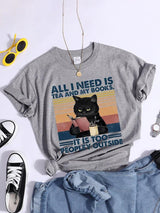 Plus Minus Co All I Need Is Tea And My Books It Is Too Peopley Outside Black Cat Female T-Shirt Chic Brand Tshirt Soft Tops O-Neck Daily Tees, view 4