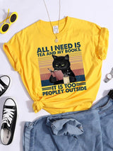 Plus Minus Co All I Need Is Tea And My Books It Is Too Peopley Outside Black Cat Female T-Shirt Chic Brand Tshirt Soft Tops O-Neck Daily Tees, view 5