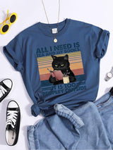 Plus Minus Co All I Need Is Tea And My Books It Is Too Peopley Outside Black Cat Female T-Shirt Chic Brand Tshirt Soft Tops O-Neck Daily Tees, view 6