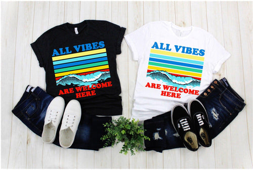 Plus Minus Co All Vibes Are Welcome Here | | Retro Sunset Waves,all vibes welcome vintage t / kindness shirt / 70s tee / mindfulness gift / hippie tops