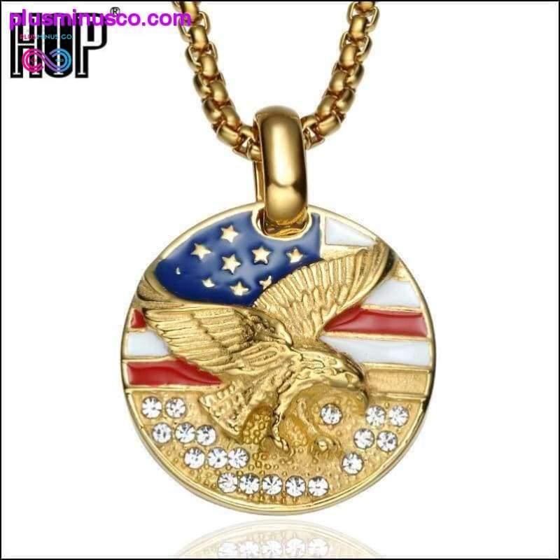Plus Minus Co American Flag Eagle Hawk Round Gold Stainless Steel Necklace