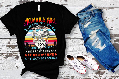 Plus Minus Co Aquarius Girl The Soul Of A Witch Awesome T-Shirts, the fire of lioness, the heart of hippie, mouth of a sailor
